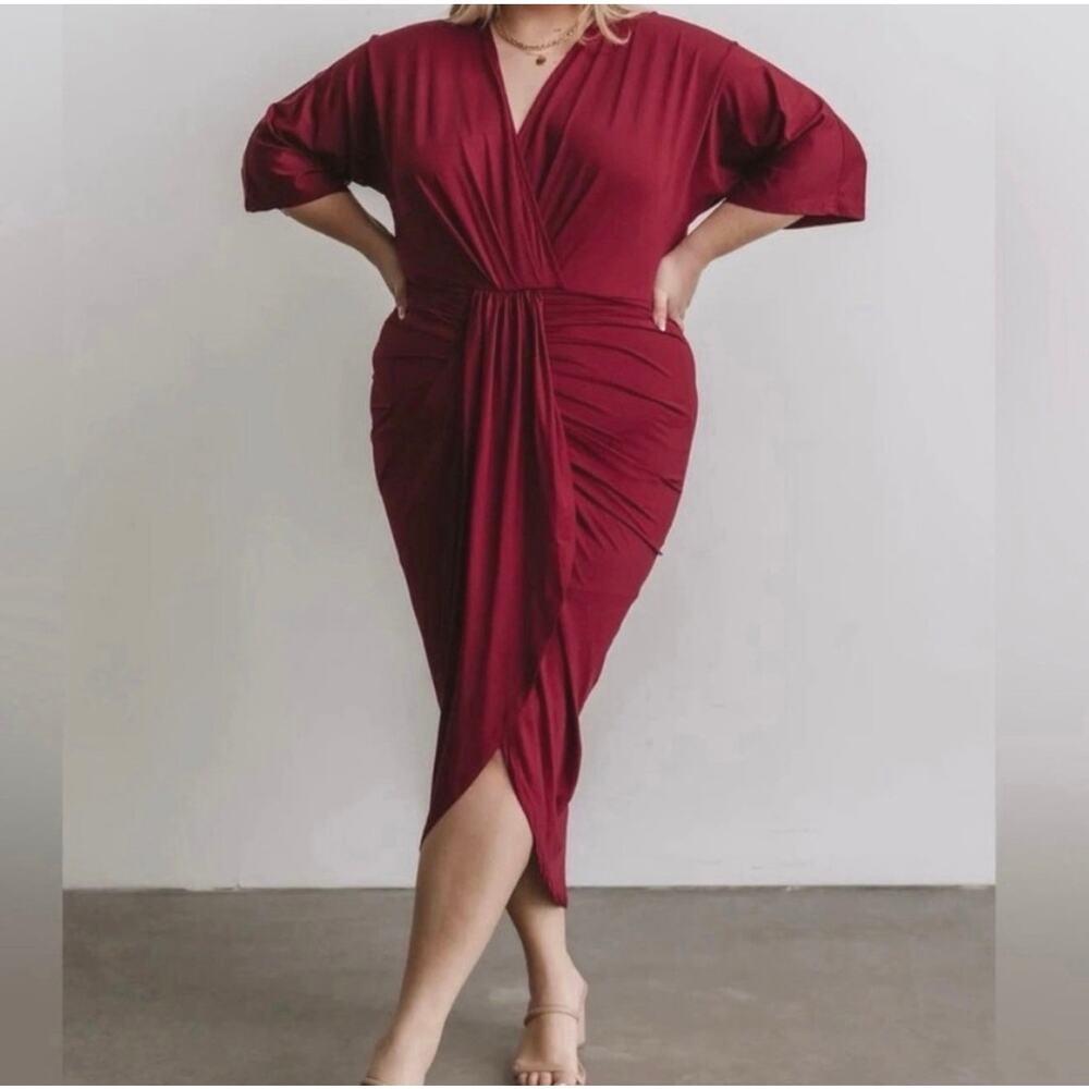 Baltic Born Mimi Red Midi Dress Wrap Front Asymmetrical Ruched Tulip Skirt XL